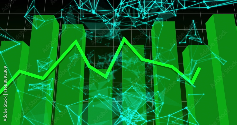 Wall mural displaying green data bars on grid in cyberspace, with neon green line graph and cyan mesh