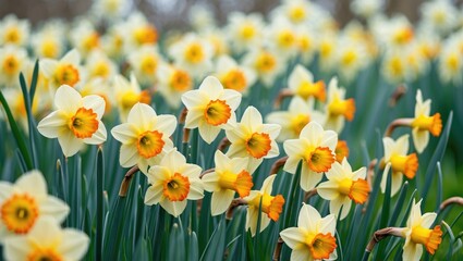 Obraz premium A field of daffodils with yellow petals and orange trumpet-shaped centers in full bloom.