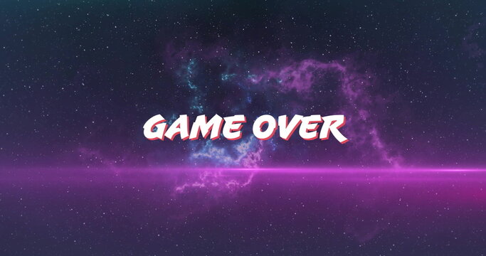 Naklejki Displaying stylized GAME OVER text hovering in star field, with neon beam and nebula