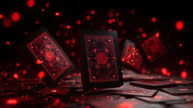 Floating red playing cards in dark bokeh scene