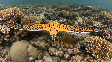 Spotted Eagle Ray Gliding Over a Vibrant Coral Reef