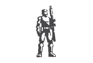 Isolated Pixelated Gray Soldier Standing with Rifle on White Background