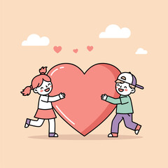 Obraz premium Happy Children Sharing a Giant Heart, Valentine's Day Illustration