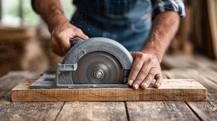 Professional carpenter skillfully using circular saw on wood in workshop environment for craftsmanship display