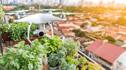 Drone Hovering Over Urban Rooftop Garden with Cityscape Background