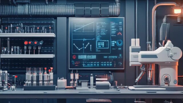 Futuristic laboratory showing advanced equipment and digital display with charts and data analysis