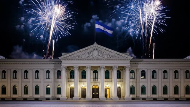 el salvador independence day. illuminated neoclassical building of national palace with flag under night sky, enhanced by vibrant blue fireworks. celebration and pride. cultural event, travel.