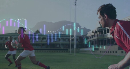 Leaning athlete wearing red rugby uniform on right field, with rugby ball, data overlay, copy space