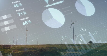 Showing turbine rising over grassy hillside at wind farm, with pie charts and line graph overlays