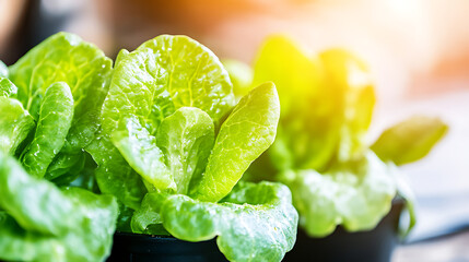 Fresh Green Lettuce Grows Vibrantly in a Pot with Sunlight