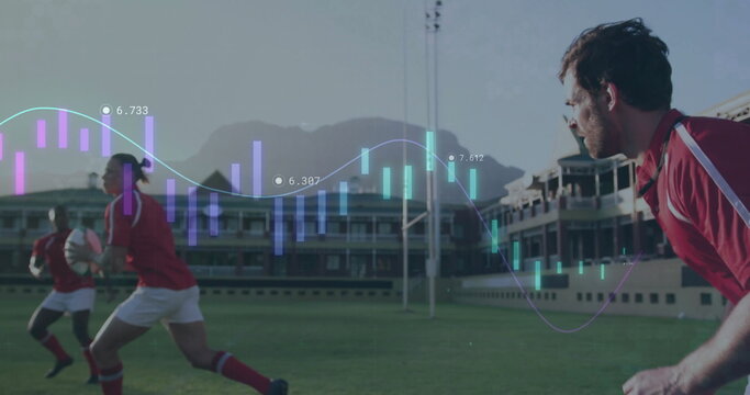 Leaning athlete wearing red rugby uniform on right field, with rugby ball, data overlay, copy space