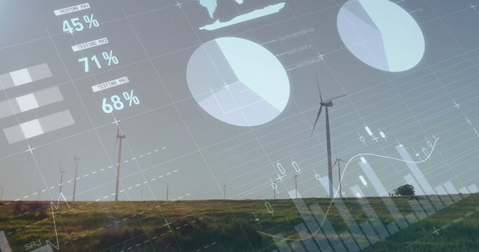 Showing turbine rising over grassy hillside at wind farm, with pie charts and line graph overlays