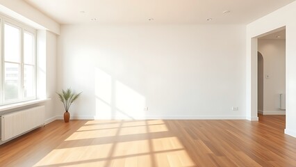 Obraz premium Minimalist living room with wooden floors, embodying clean and spacious design.