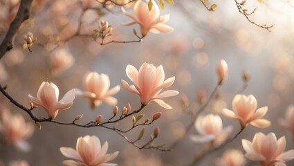 Soft pink magnolia blossoms blooming on tree branches during springtime. Beautiful flower petals with a blurred background. Nature and floral concept.