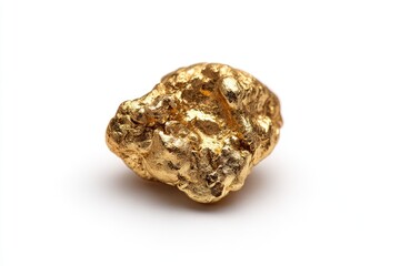 Close-up of a nugget of gold, exhibiting a textured surface and rich golden hue against a plain white background.