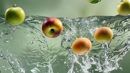 Juicy apples diving in clear water splash in slow motion, perfect summer freshness - Powered by Adobe