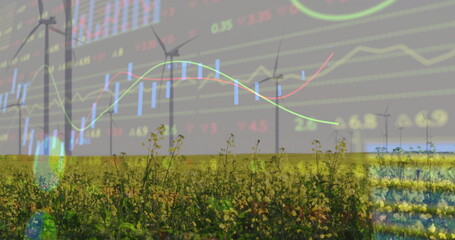 Showing wind turbines spinning over meadow and field, with candlesticks and line graph data