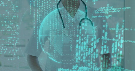 Standing nurse wearing scrubs, stethoscope in ER projecting holographic globe and floating code