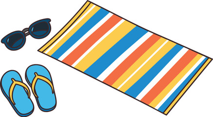 Summer Beach Essentials with Towel, Sunglasses, and Flip-Flops