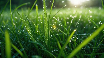 Obraz premium Fresh grass with dew drops in the morning sunlight. Nature and environment, growth and freshness, natural beauty, and morning ambiance.