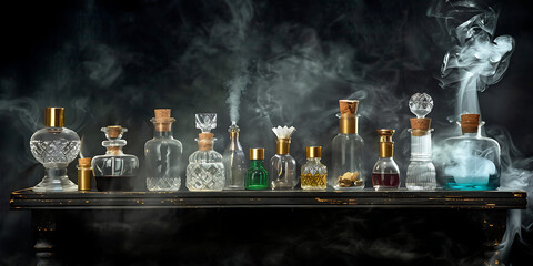 Mysterious collection of antique potion bottles emitting ethereal smoke and light.