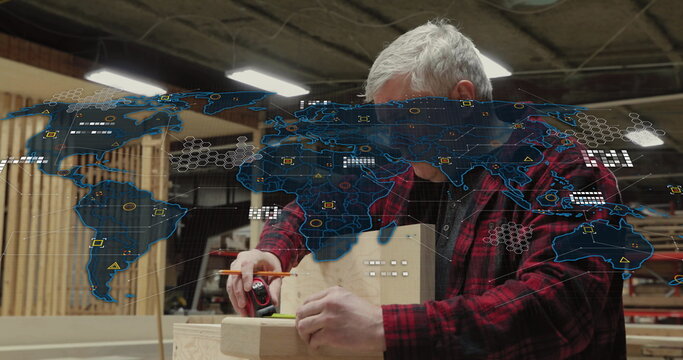 Marking wood plank, carpenter using tape measure and pencil at carpentry shop, digital map overlay