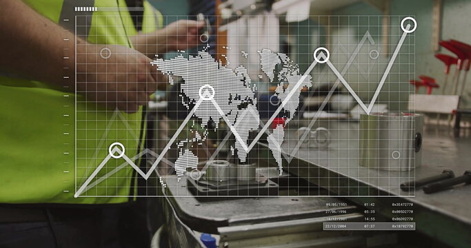 Technician in safety vest tightening metal cylinders on workbench, with data overlay copy space