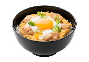 A bowl of savory oyakodon, featuring a sunny-side-up egg atop a bed of fluffy rice and tender chicken, garnished with scallions, exuding a warm and inviting atmosphere.