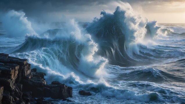 Vast ocean waves crashing against rocky shoreline during stormy weather.