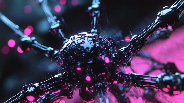 Futuristic alien nanobot exploring a new world with pink lights