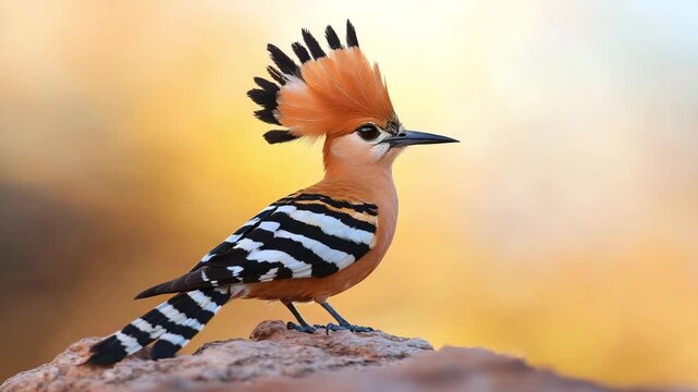 Minimalist cartoon of a hoopoe with crest raised on a muted sky background 