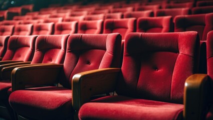 Fototapeta premium Empty theater with red seats arranged in rows for audience seating.