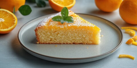 Freshly baked orange cake on a plate surrounded by whole oranges and zest, showcasing its delightful texture and glaze
