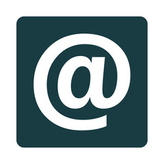 A white at symbol is displayed on a dark teal square background