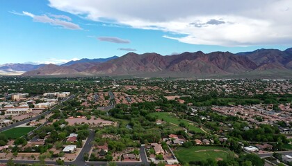 Aerial view of a residential area nestled at the base of a mountain range, showing a mix of housing density and green spaces