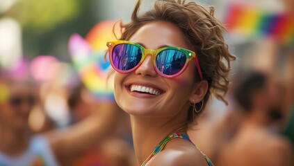 Happy woman at the pride parade wearing rainbow sunglasses and smiling against the backdrop of a bright crowd celebrating.