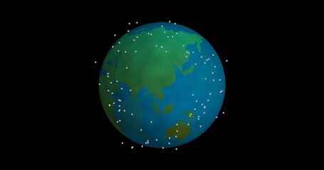 Rotating stylized Earth globe floating in outer space, with white square particles