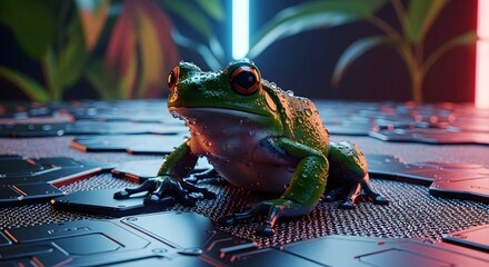 Vibrant red-eyed tree frog stands on a futuristic circuit board amidst glowing neon lights, blending nature with high-tech innovation.