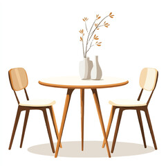 A minimalist dining set with two chairs and a round table.