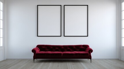 Elegant Red Velvet Sofa in Minimalist White Room with Two Empty Art Frames
