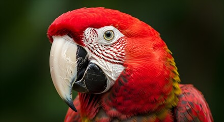 Close-up portrait of a vibrant red macaw parrot with striking plumage and a sharp beak.