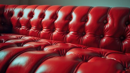 Obraz premium Close-up of a red leather tufted sofa with buttons and stitching details.