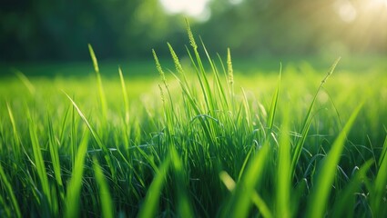 Obraz premium Green grass in a field with sunlight background