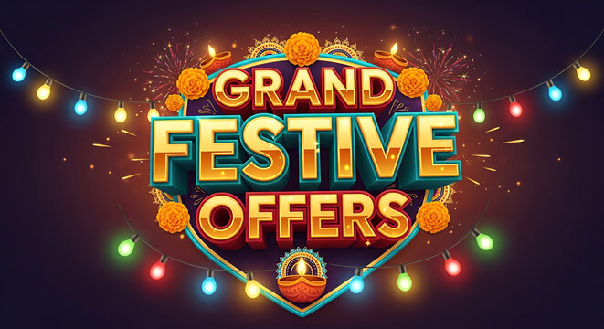 Navratri diwali festival sale shopping logo with Grand Festive offers 3d typography and retro lights decoration.