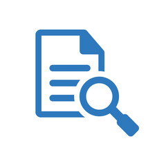 Blue document icon with a magnifying glass for search and analysis