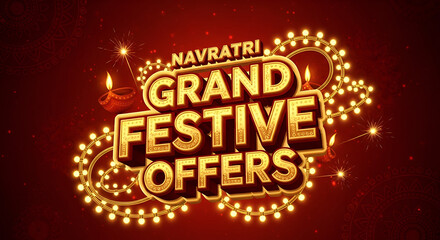 Navratri diwali festival sale shopping logo with Grand Festive offers 3d typography and retro lights decoration.