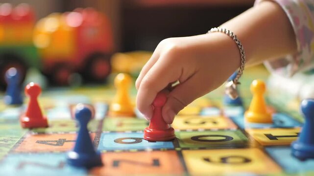 Child's hand moving a game piece on a colorful board game