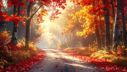 Autumn Forest Path with Golden Sunlight and Fallen Leaves