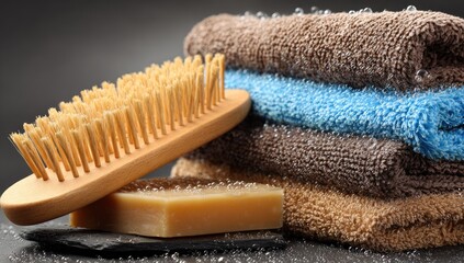 Wooden body brush, bath towels, and soap on a dark surface.