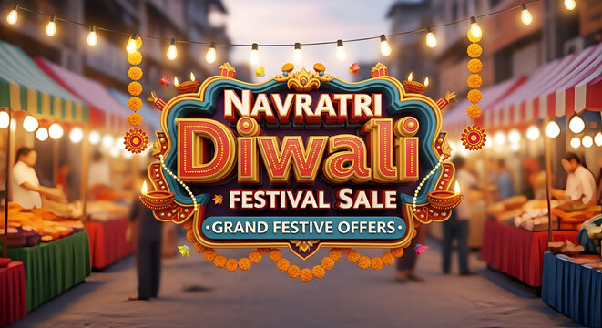 Navratri diwali festival sale shopping logo with Grand Festive offers 3d typography and retro lights decoration.